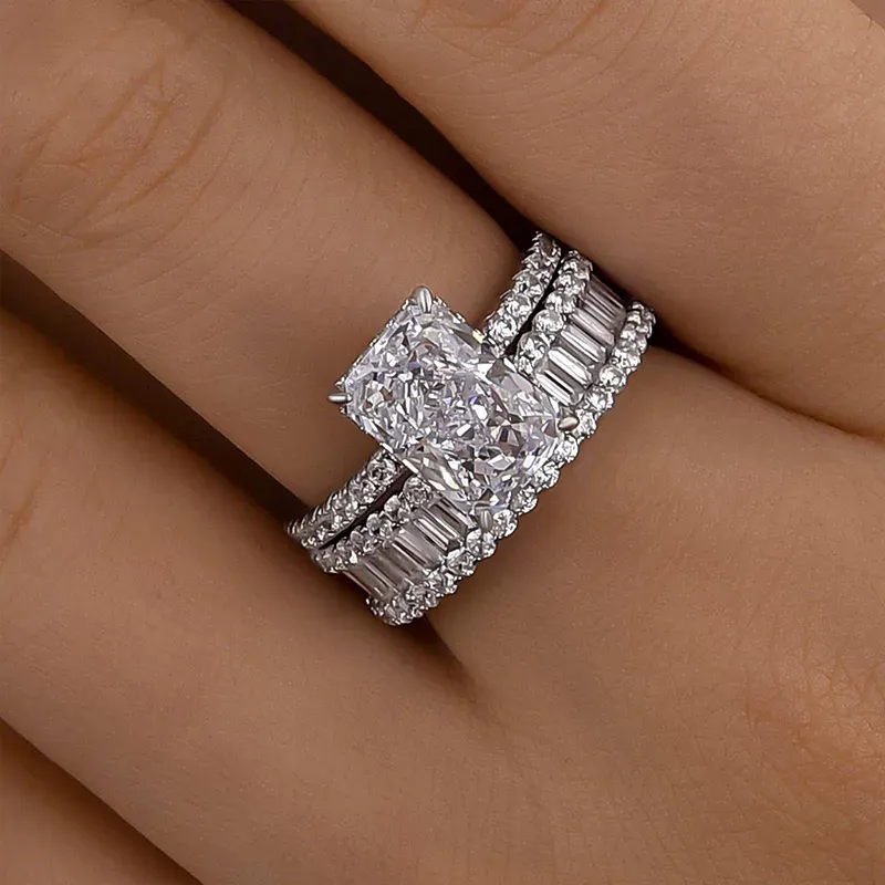 Elongated Radiant Cut Wedding Set-Sterling Silver-lornajewelry