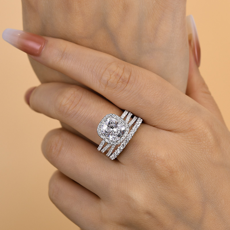 Attractive Halo Cushion Cut 3PC Wedding Set-Sterling Silver-lornajewelry