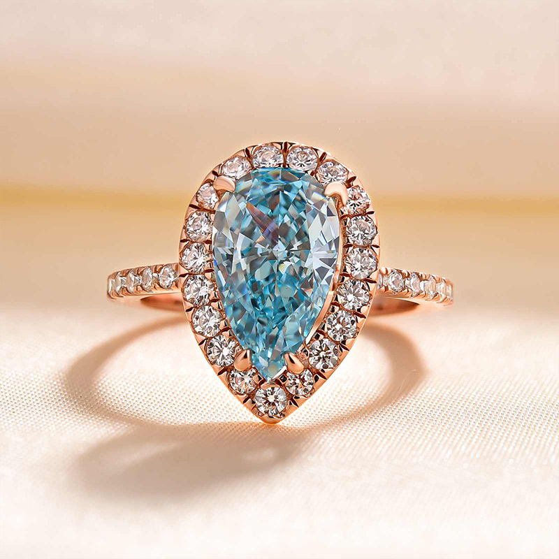 2.5Ct Moissanite Exquisite Halo Pear Cut Cyan Blue Engagement Ring-Sterling Silver-lornajewelry