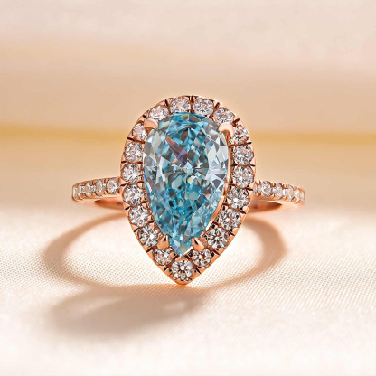 2.5Ct Moissanite Exquisite Halo Pear Cut Cyan Blue Engagement Ring-Sterling Silver-lornajewelry