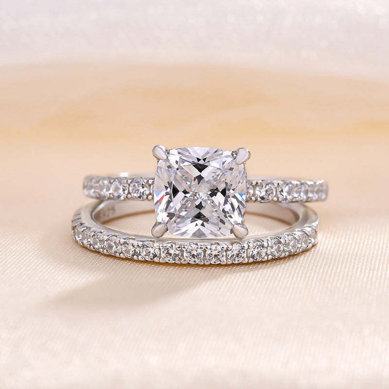 Excellent Cushion Cut Wedding Ring Set For Women In Sterling Silver-Sterling Silver-lornajewelry