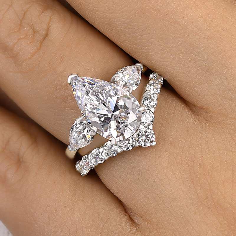 Gorgeous Pear Cut Three Stone Wedding Ring Set-Sterling Silver-lornajewelry