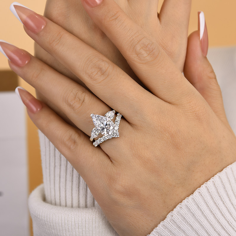 Gorgeous Pear Cut Three Stone Wedding Ring Set-Sterling Silver-lornajewelry