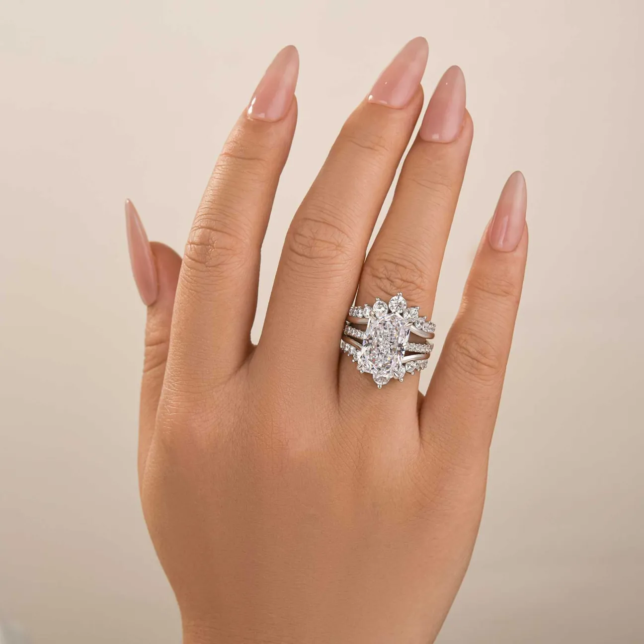 4Ct Radiant Cut Insert Wedding Ring Set with Crown Shaped Engagement Ring Enhancer in Sterling Silver