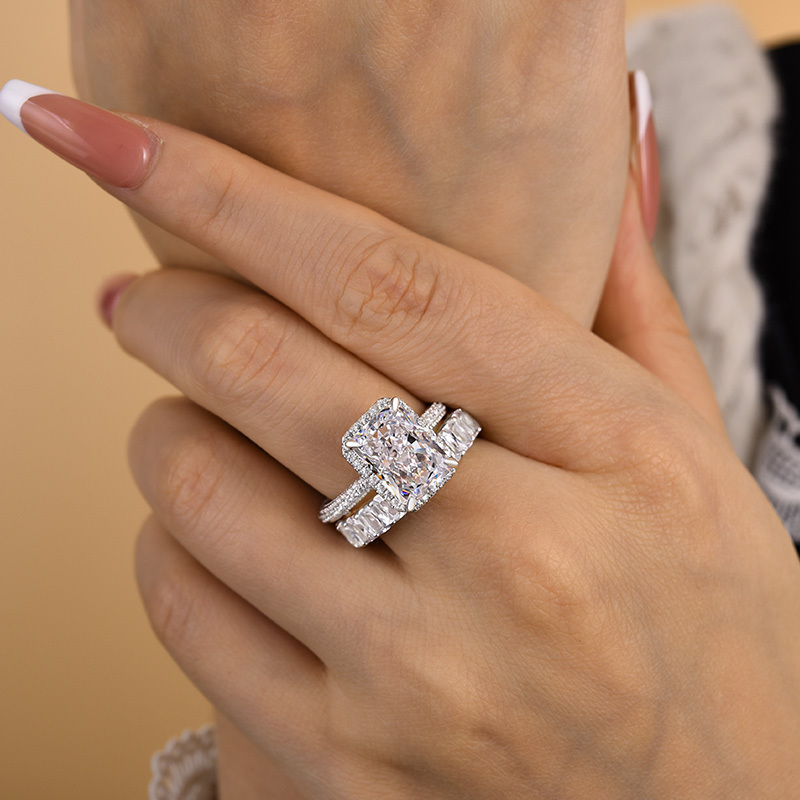 Luxury Halo Radiant Cut Wedding Ring Set-Sterling Silver-lornajewelry