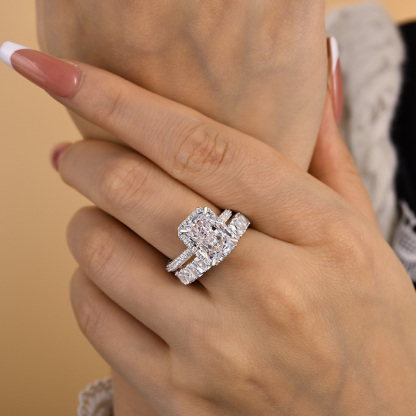 Luxury Halo Radiant Cut Wedding Ring Set-Sterling Silver-lornajewelry