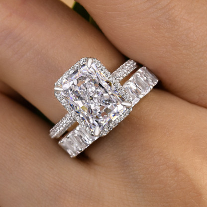 Luxury Halo Radiant Cut Wedding Ring Set-Sterling Silver-lornajewelry