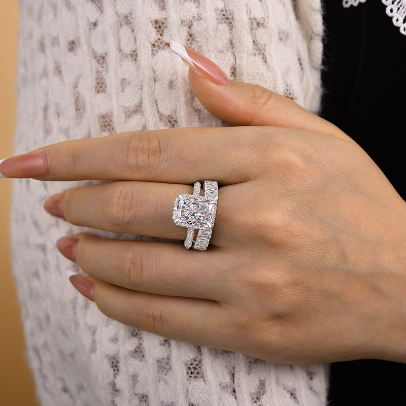 Luxury Halo Radiant Cut Wedding Ring Set-Sterling Silver-lornajewelry