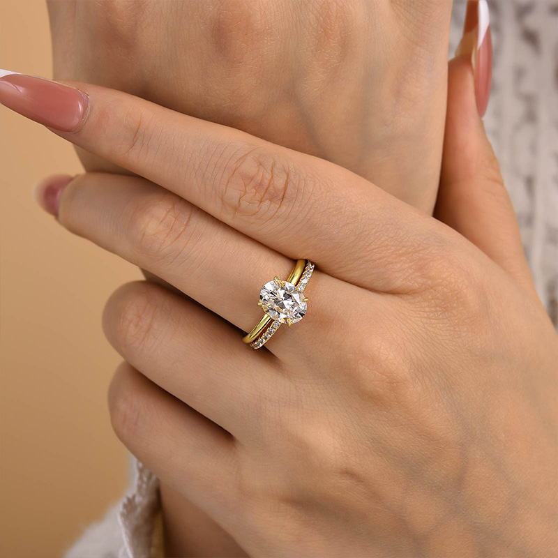 Dainty Yellow Gold Oval Cut Wedding Ring Set-Sterling Silver-lornajewelry