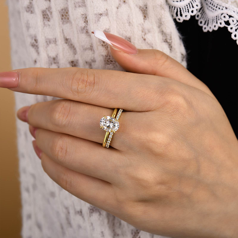 Dainty Yellow Gold Oval Cut Wedding Ring Set-Sterling Silver-lornajewelry