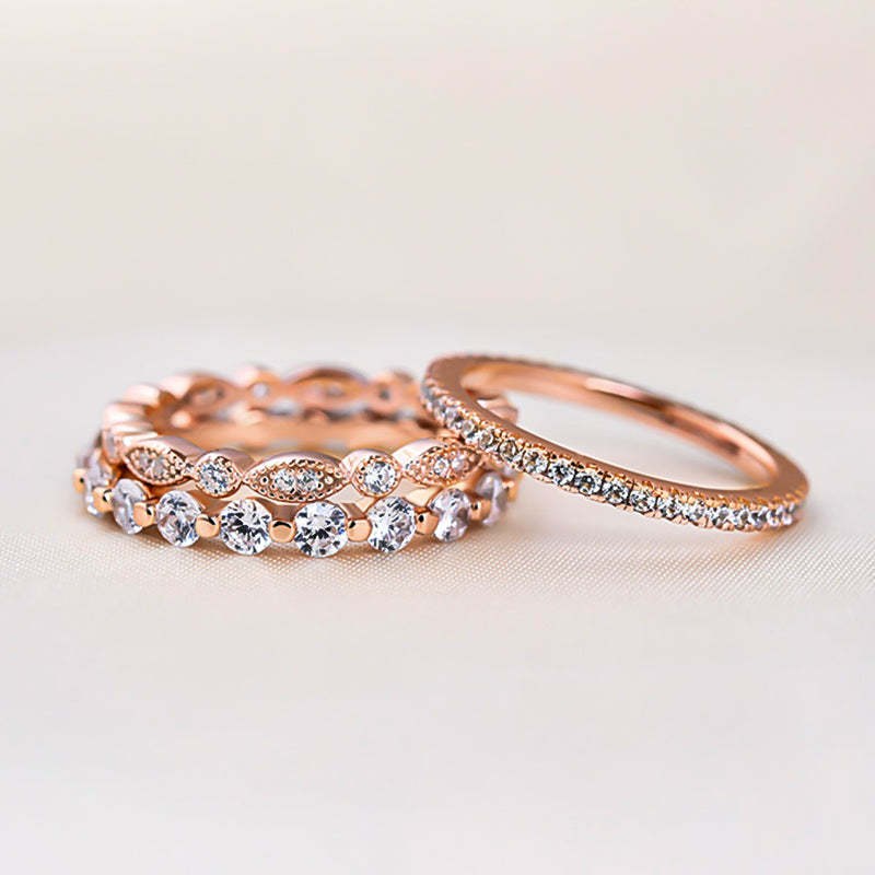 Art Deco 3-Pieces Stackable Wedding Band Set In Sterling Silver-Sterling Silver-lornajewelry