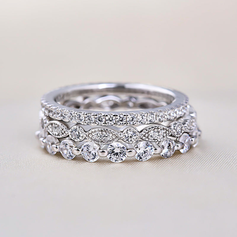 Art Deco 3-Pieces Stackable Wedding Band Set In Sterling Silver-Sterling Silver-lornajewelry