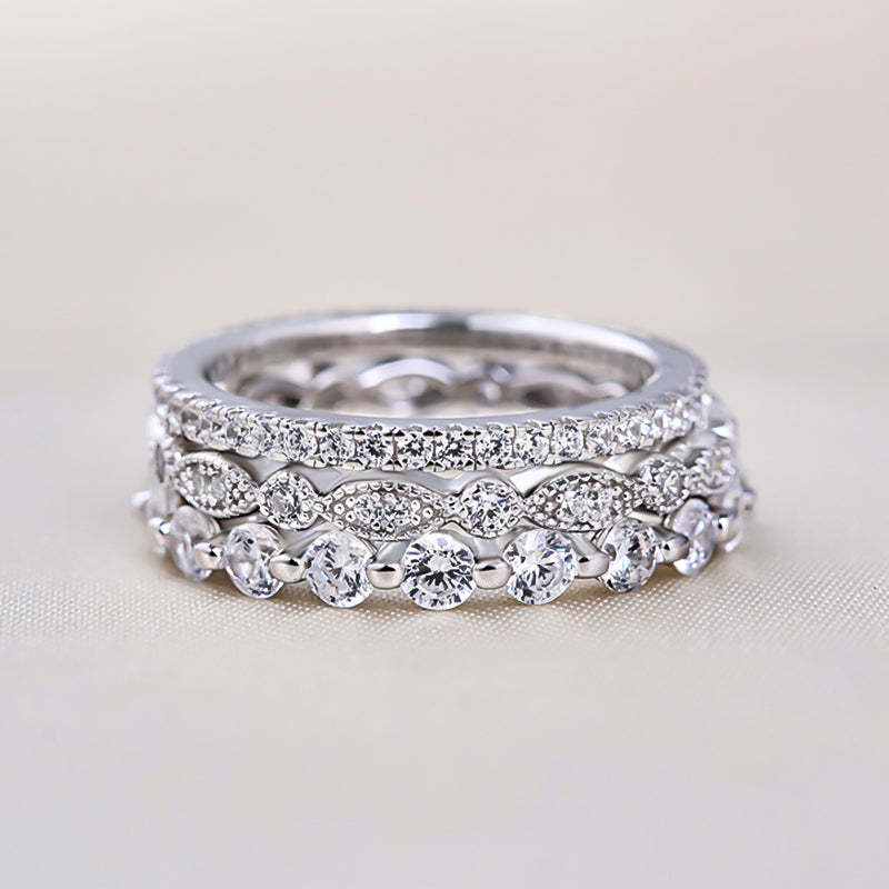 Art Deco 3-Pieces Stackable Wedding Band Set In Sterling Silver-Sterling Silver-lornajewelry