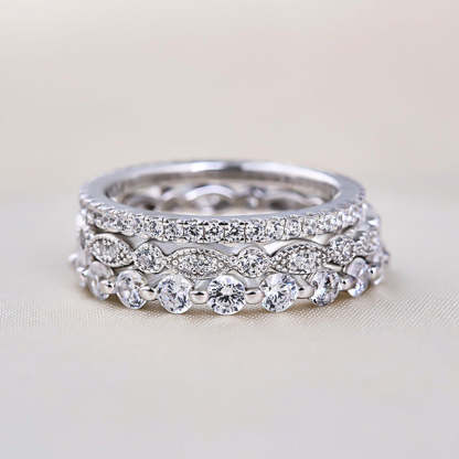 Art Deco 3-Pieces Stackable Wedding Band Set In Sterling Silver-Sterling Silver-lornajewelry