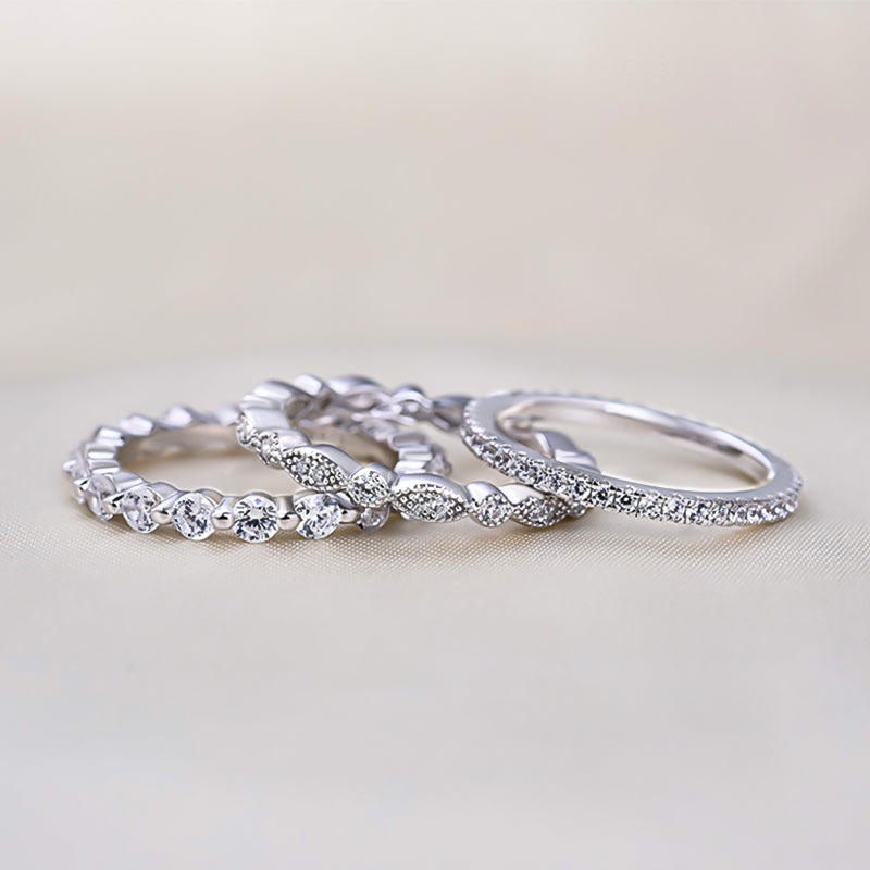 Art Deco 3-Pieces Stackable Wedding Band Set In Sterling Silver-Sterling Silver-lornajewelry