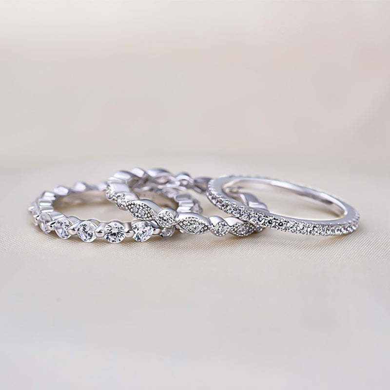 Art Deco 3-Pieces Stackable Wedding Band Set In Sterling Silver-Sterling Silver-lornajewelry