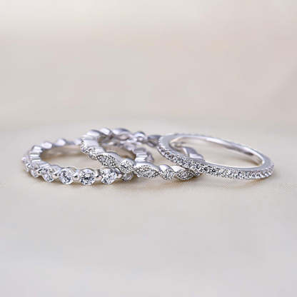 Art Deco 3-Pieces Stackable Wedding Band Set In Sterling Silver-Sterling Silver-lornajewelry