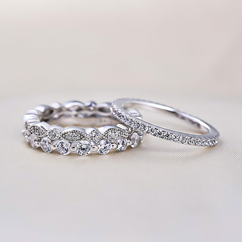 Art Deco 3-Pieces Stackable Wedding Band Set In Sterling Silver-Sterling Silver-lornajewelry