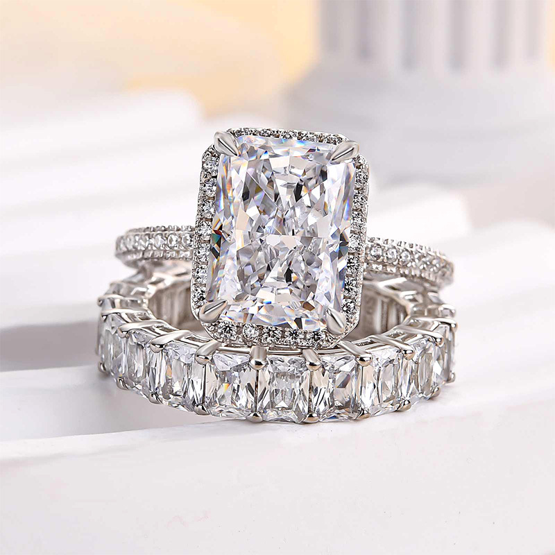 Luxury Halo Radiant Cut Wedding Ring Set-Sterling Silver-lornajewelry