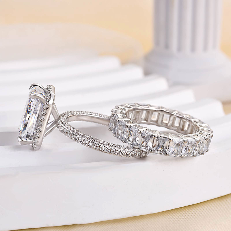 Luxury Halo Radiant Cut Wedding Ring Set-Sterling Silver-lornajewelry