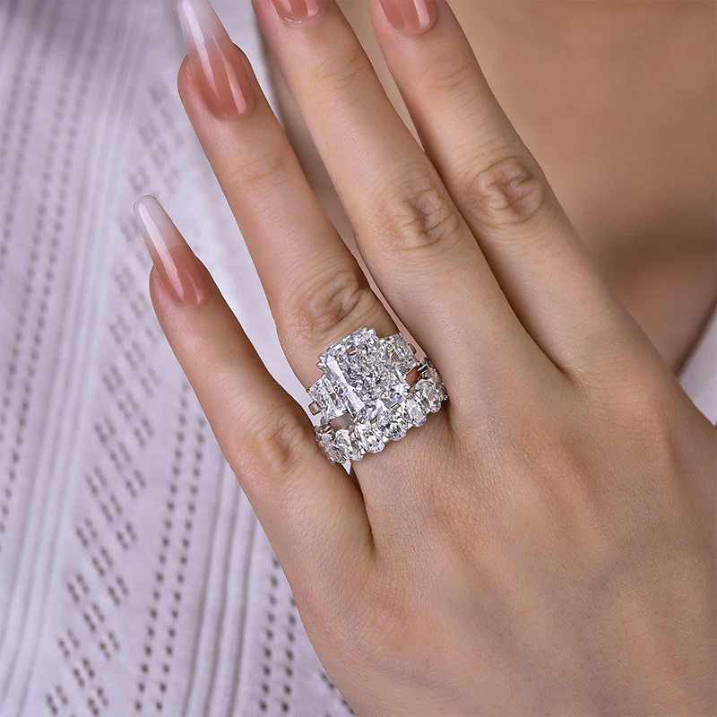 Luxurious Three Stone Radiant Cut Wedding Set In Sterling Silver-Sterling Silver-lornajewelry