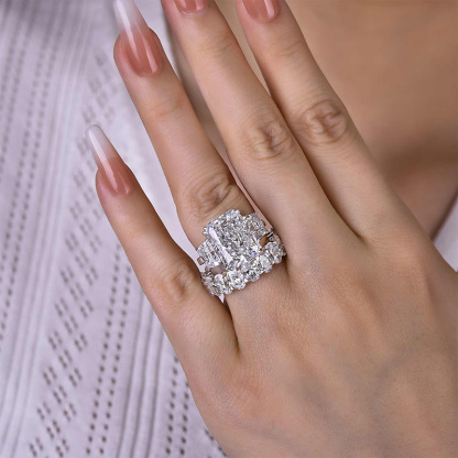 Luxurious Three Stone Radiant Cut Wedding Set In Sterling Silver-Sterling Silver-lornajewelry