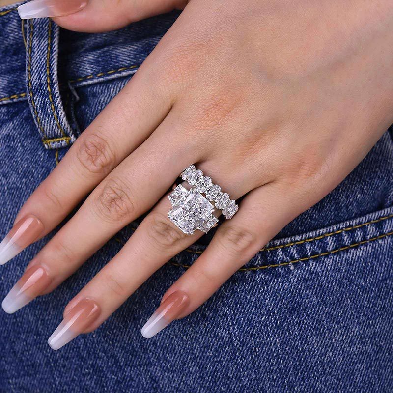 Luxurious Three Stone Radiant Cut Wedding Set In Sterling Silver-Sterling Silver-lornajewelry