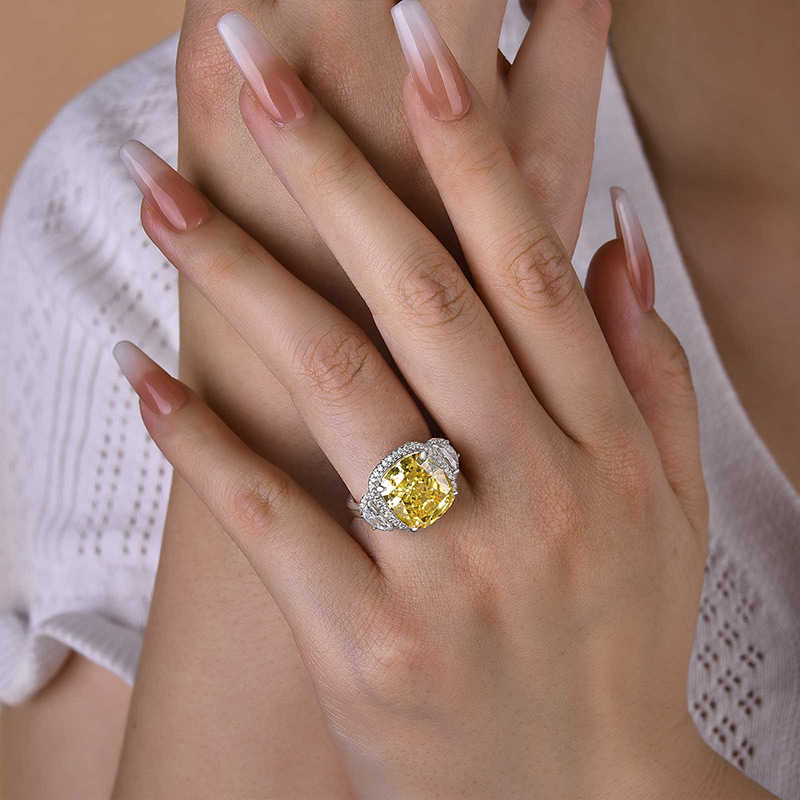 7Ct Luxurious Halo Cushion Cut Three Stone Yellow Sapphire Engagement Ring-Sterling Silver-lornajewelry