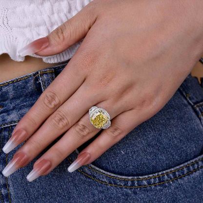 7Ct Luxurious Halo Cushion Cut Three Stone Yellow Sapphire Engagement Ring-Sterling Silver-lornajewelry