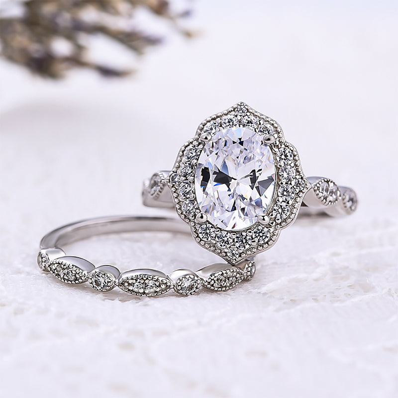 Milgrain Halo Oval Cut Vintage Wedding Set In Sterling Silver-Sterling Silver-lornajewelry