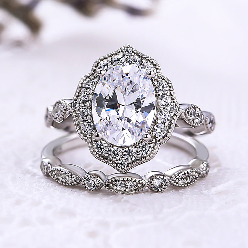 Milgrain Halo Oval Cut Vintage Wedding Set In Sterling Silver-Sterling Silver-lornajewelry