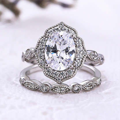 Milgrain Halo Oval Cut Vintage Wedding Set In Sterling Silver-Sterling Silver-lornajewelry