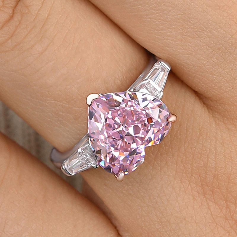 5Ct Excellent Three Stone Pink Stone Heart Cut Engagement Ring-Sterling Silver-lornajewelry