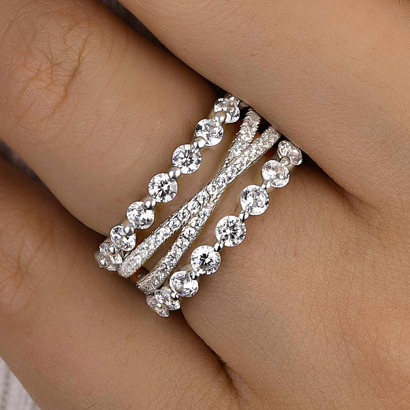 Noble Women's Stackable 3PC Wedding Band Set In Sterling Silver-Sterling Silver-lornajewelry