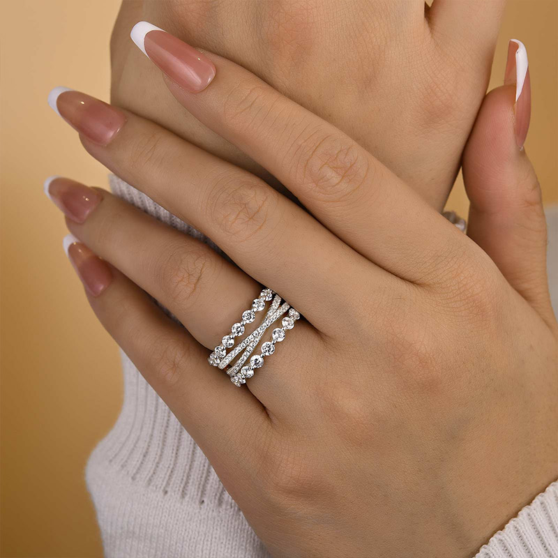 Noble Women's Stackable 3PC Wedding Band Set In Sterling Silver-Sterling Silver-lornajewelry