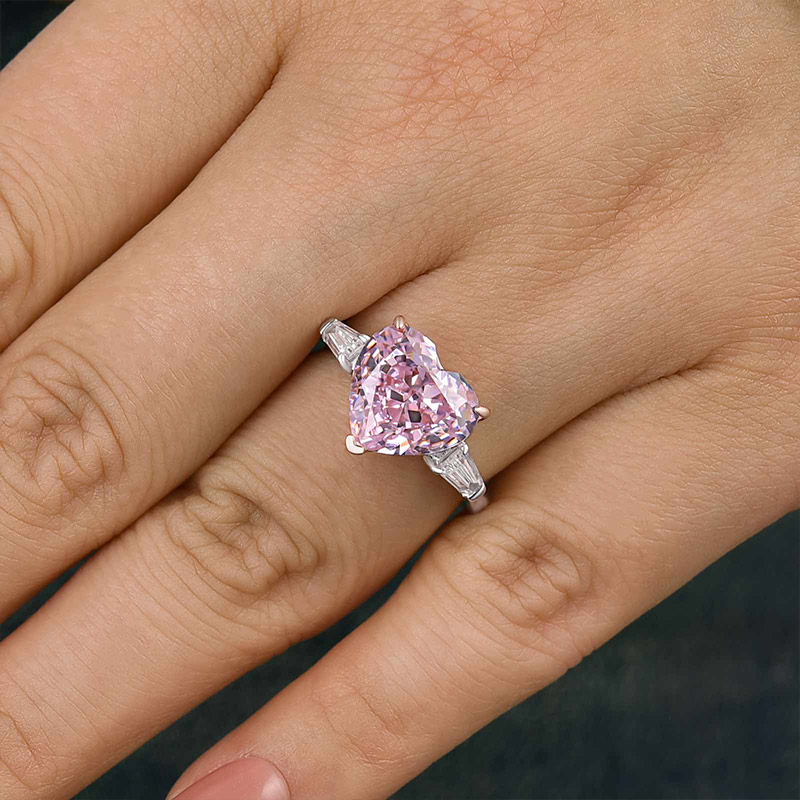 5Ct Excellent Three Stone Pink Stone Heart Cut Engagement Ring-Sterling Silver-lornajewelry