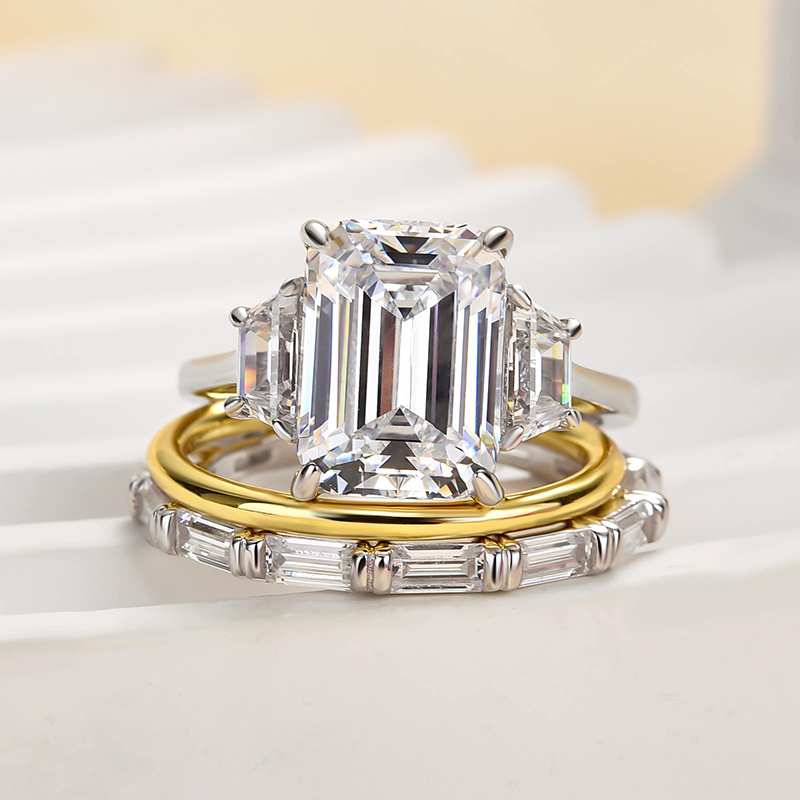 Honorable Three Stone Emerald Cut 3PC Wedding Set-Sterling Silver-lornajewelry