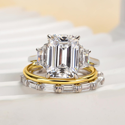 Honorable Three Stone Emerald Cut 3PC Wedding Set-Sterling Silver-lornajewelry