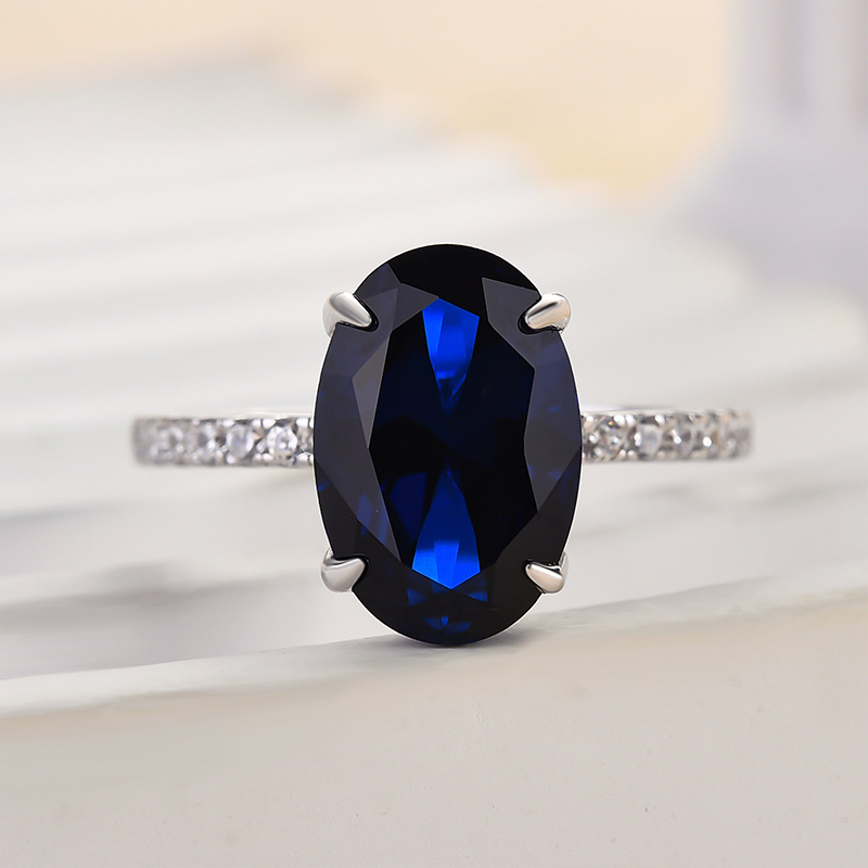 3.5Ct Classic Blue Sapphire Oval Cut  Engagement Ring In Sterling Silver-Sterling Silver-lornajewelry