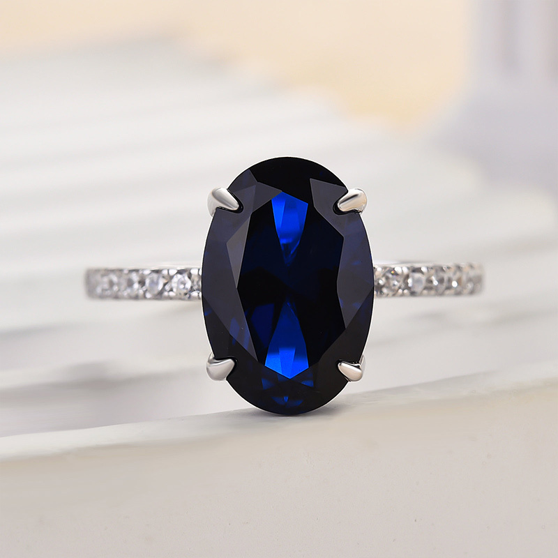 3.5Ct Classic Blue Sapphire Oval Cut  Engagement Ring In Sterling Silver-Sterling Silver-lornajewelry