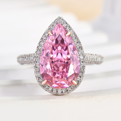 4.5Ct Honorable Halo Pear Cut Pink Sapphire Engagement Ring-Sterling Silver-lornajewelry