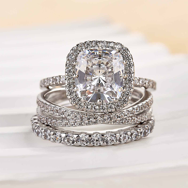 Attractive Halo Cushion Cut 3PC Wedding Set-Sterling Silver-lornajewelry