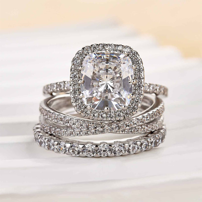 Attractive Halo Cushion Cut 3PC Wedding Set-Sterling Silver-lornajewelry