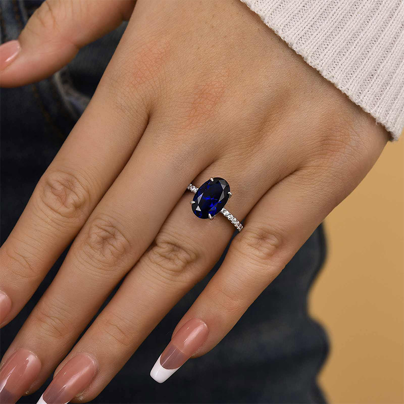 3.5Ct Classic Blue Sapphire Oval Cut  Engagement Ring In Sterling Silver-Sterling Silver-lornajewelry
