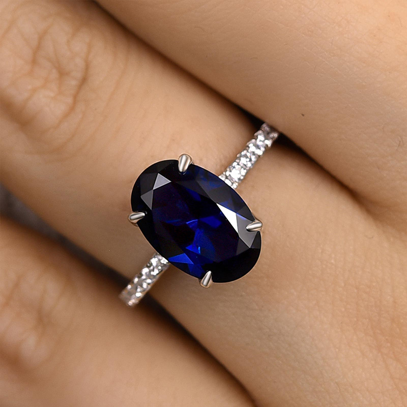 3.5Ct Classic Blue Sapphire Oval Cut  Engagement Ring In Sterling Silver-Sterling Silver-lornajewelry