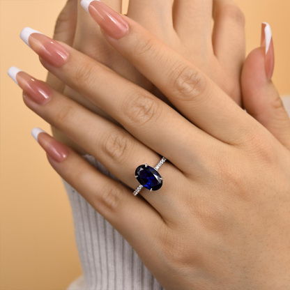 3.5Ct Classic Blue Sapphire Oval Cut  Engagement Ring In Sterling Silver-Sterling Silver-lornajewelry