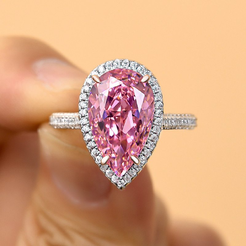 4.5Ct Honorable Halo Pear Cut Pink Sapphire Engagement Ring-Sterling Silver-lornajewelry