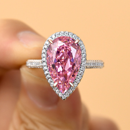 4.5Ct Honorable Halo Pear Cut Pink Sapphire Engagement Ring-Sterling Silver-lornajewelry