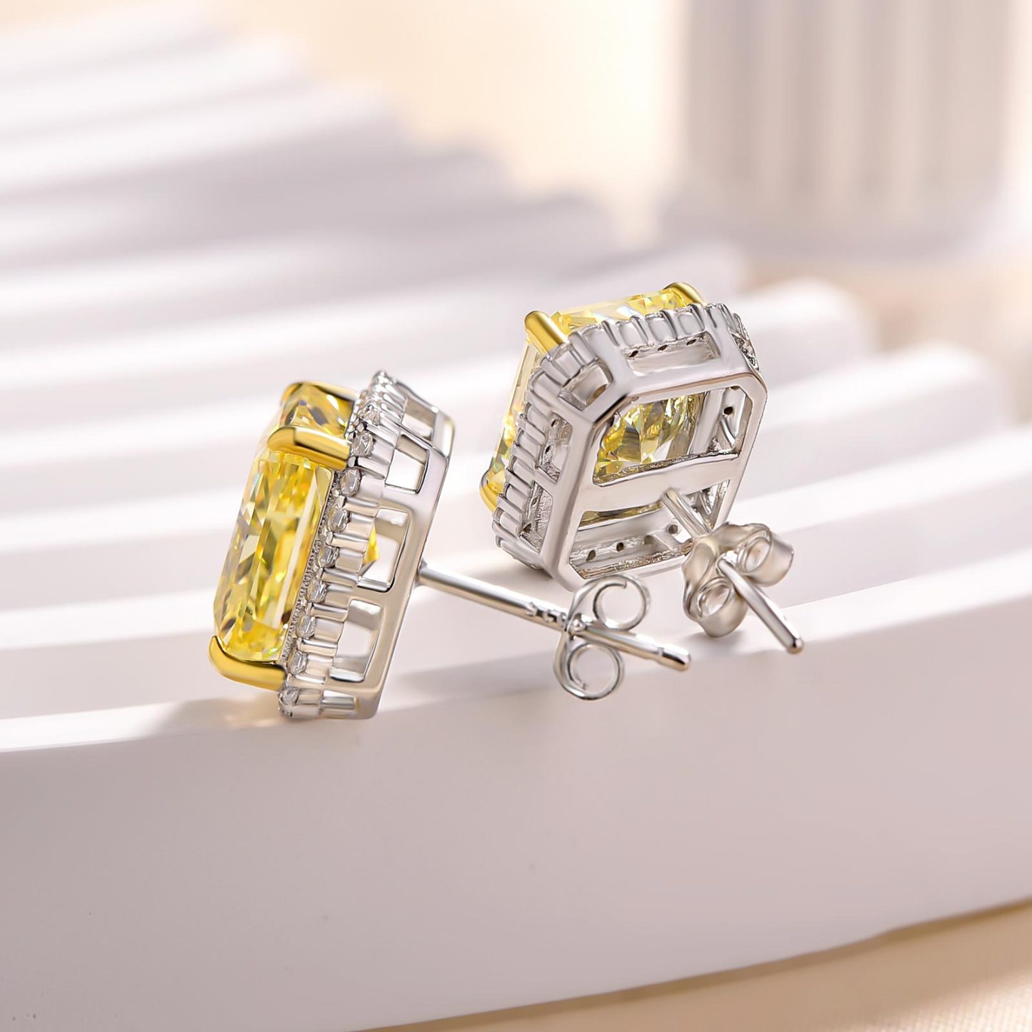 Stunning Halo Cushion Cut Yellow Sapphire Women's Stud Earring In Sterling Silver-Sterling Silver-lornajewelry