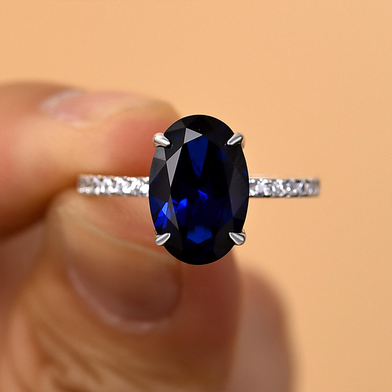 3.5Ct Classic Blue Sapphire Oval Cut  Engagement Ring In Sterling Silver-Sterling Silver-lornajewelry